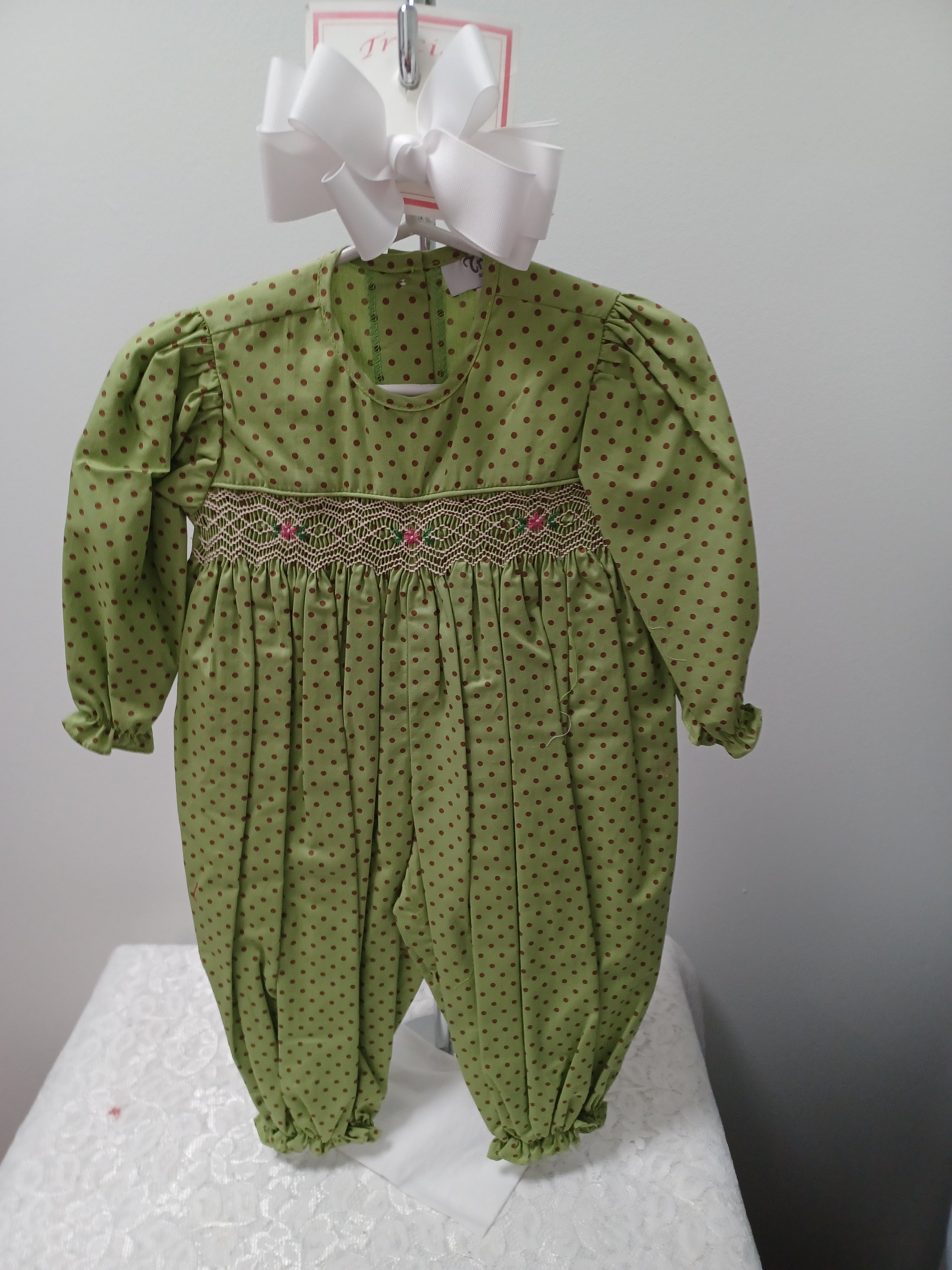 Girls Green Smocked Long Sleeve 1pc With Brown Dots